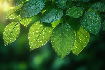 Frische grüne Blätter mit Tautropfen bei Sonnenlicht