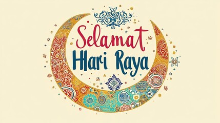 Ornate crescent moon design with "Selamat Hari Raya" calligraphy.  Colorful, detailed patterns adorn the moon. Festive, celebratory illustration.