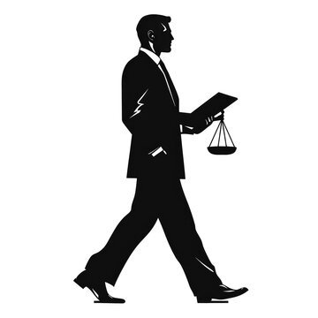 black silhouette lawyer walking with scales clip art preview