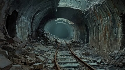 Naklejka premium Ruined Tunnel Railway Track Collapsed Structure