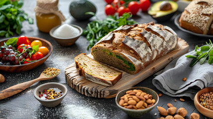 A rustic wooden table set with gluten-free artisan bread, fresh avocados, ripe cherry tomatoes, leafy greens, and crunchy nuts, evoking warmth and wholesome nutrition.