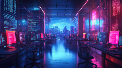 Futuristic Open Office Design with Neon Elements and Tech Overlay