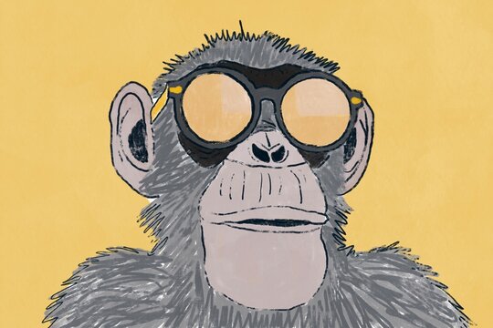 Stylish monkey wearing sunglasses on a yellow background