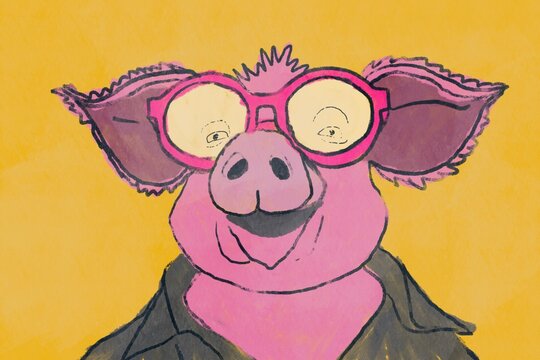 Cartoon pig in glasses on a yellow background