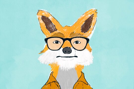 Colorful illustrated fox wearing glasses on a blue background