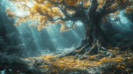 Fototapeta premium Ancient tree, golden leaves, sunlit forest.