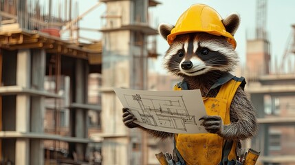 raccoon in a yellow helmet, in construction clothes. against the backdrop of construction. holding drawings in his hands.