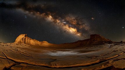 Night sky panorama over desert landscape with Milky Way.
