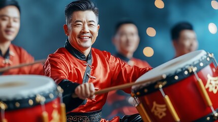 Energetic group of Chinese drummers passionately performing on stage playing large red drums with intense rhythm and enthusiasm  The performers are dressed in traditional attire