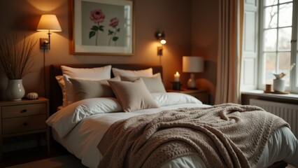A snug bedroom featuring a comfortable bed, a woolen throw, and ambient lighting for a calm, homely vibe