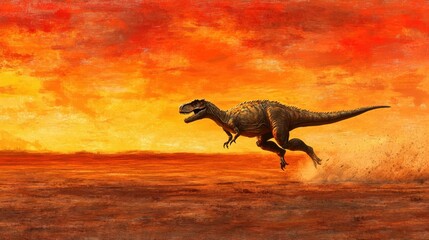 Carnotaurus charges through arid plains under a vibrant fiery sunset while hunting its prey