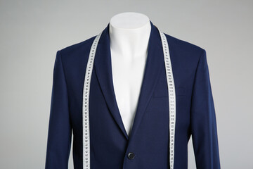 Male mannequin with elegant suit jacket and measuring tape on grey background