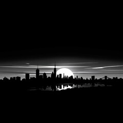 city skyline silhouette, urban landscape, dramatic sunset, black and white photography, high contrast, reflective water, moody atmosphere, minimalist design, striking horizon, architectural outlines, 