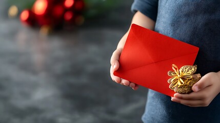 Festive red envelope with intricate gold calligraphy design being held in a person s hand representing the traditional Chinese cultural practices and associated with this symbolic item