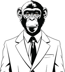 male human body and monkey head, the man will be wearing a coat and tie. Vector line art. No color, thick line art. Very simple art style 8.eps