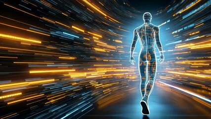 A glowing digital human figure moves through vibrant, swirling light trails in a futuristic environment, creating an immersive experience