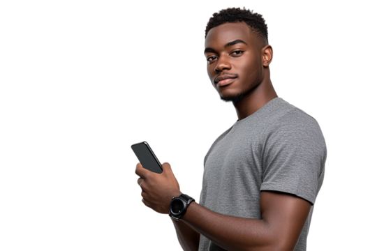 Realistic photo of a young man with natural skin texture in a gray t-shirt holding a smartphone, wearing a smartwatch, against a transparent background.