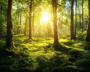 Obraz premium Sun rays illuminate lush green forest with moss.