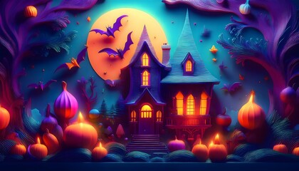 Halloween Haunted House Night Scene Spooky Fantasy Illustration