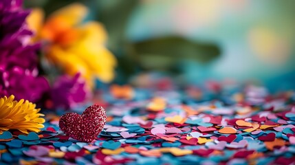 Obraz premium Vibrant heart shaped confetti scattered across a table creating a colorful and festive backdrop for a Valentine s Day The scattered confetti symbolizes love romance