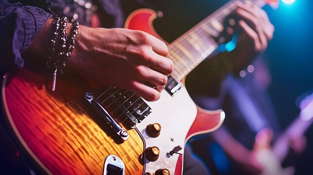 Close up of an energetic rock musician passionately playing an electric guitar on stage during a live concert performance creating a high energy and captivating musical experience for the audience