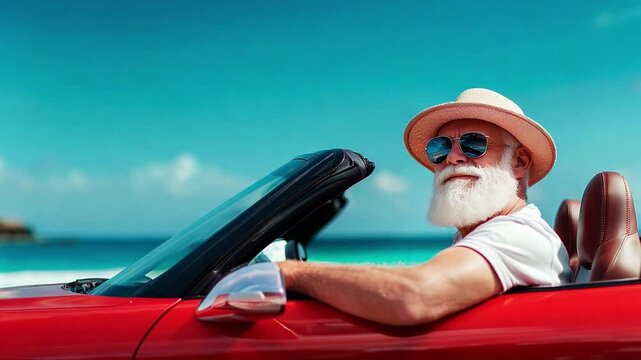 A senior man with a white beard and stylish sunglasses relaxes in a red convertible as he drives along the coast, enjoying a sunny day