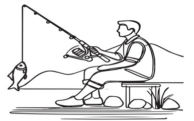 Fisherman Sitting on a Floating Platform with a Fishing Rod vector