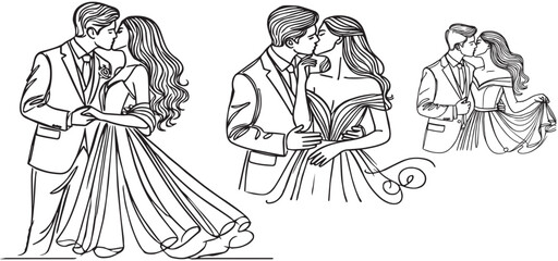 Wedding line art illustrations set. Single one line drawing happy cute married man and woman. Bridal an groom