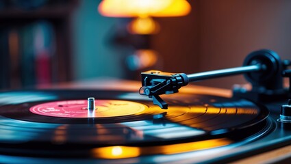 Naklejka premium Vinyl Record Spinning on Turntable in Cozy Atmosphere