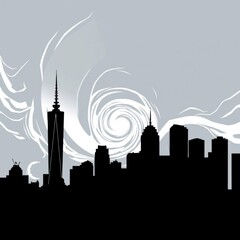 Naklejka premium Silhouette of the neighborhood skyline at sunset with warm gradients and stylized clouds overlaid with a bold script font of the neighborhood name skyline silhouette 