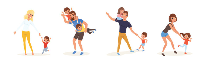 Exhausted Mom and Dad with Hyperactive Child Claiming Attention Vector Set