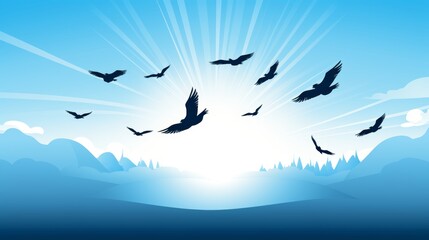 Fototapeta premium Silhouetted birds soaring gracefully in a blue sky, representing freedom and joy in flight.