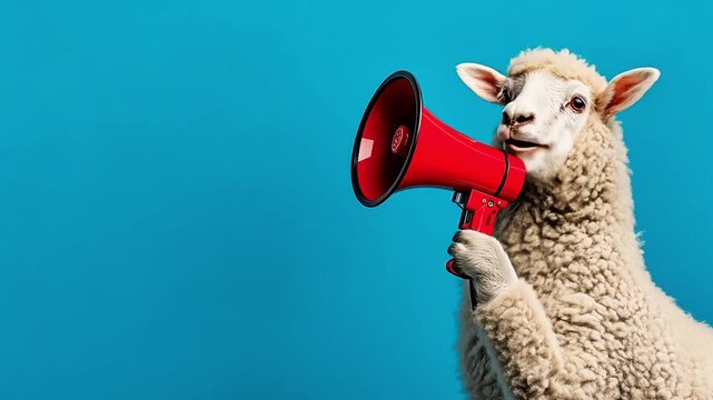 A lively sheep holds a red megaphone, joyfully sharing news in front of a bright blue backdrop, showcasing a playful and funny moment
