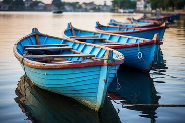 Obraz premium Serene boat gliding gracefully on tranquil waters, embraced by a peaceful natural landscape.