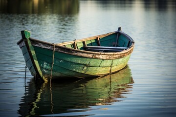 Obraz premium Serene boat gently floating on calm waters, framed by tranquil nature and a clear blue sky