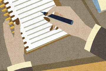 Business professional taking notes in a notebook with a pen