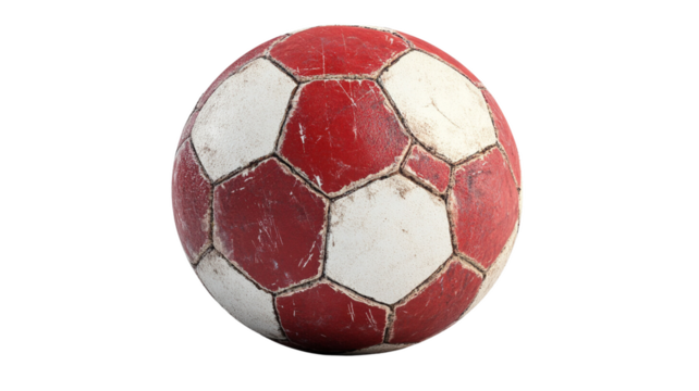 Red and white soccer ball with visible texture, placed centrally on a clean white background, ideal for sports-related product displays or promotional use.

