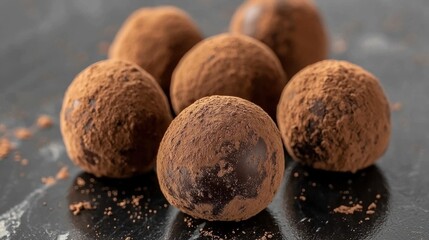 Delicious Chocolate Truffles Coated with Cocoa Powder on a Dark Surface Ready to Indulge in Rich Flavor and Texture