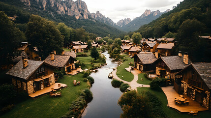 Fototapeta premium Mountain village with river, scenic homes.