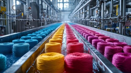 Fototapeta premium Colorful Yarn Spools in Textile Factory Environment