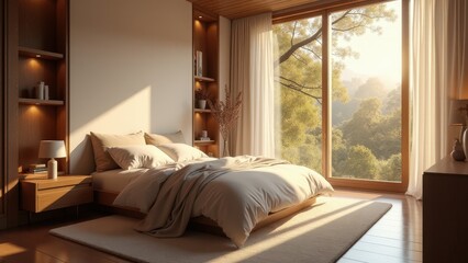A cozy bedroom with large windows, soft bedding, and warm wooden accents, offering a calm and peaceful escape