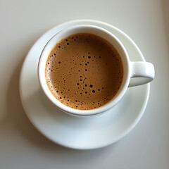 white cup filled with a brown liquid, likely coffee or tea, on a white saucer. The cup is placed on a white surface.