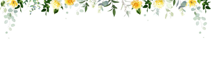 Obraz premium Yellow rose, peony, white lilac, tulip, magnolia, spring garden flowers, mint eucalyptus, greenery, fern,vector design banner. Wedding summer bouquet invitation. Elements are isolated and editable