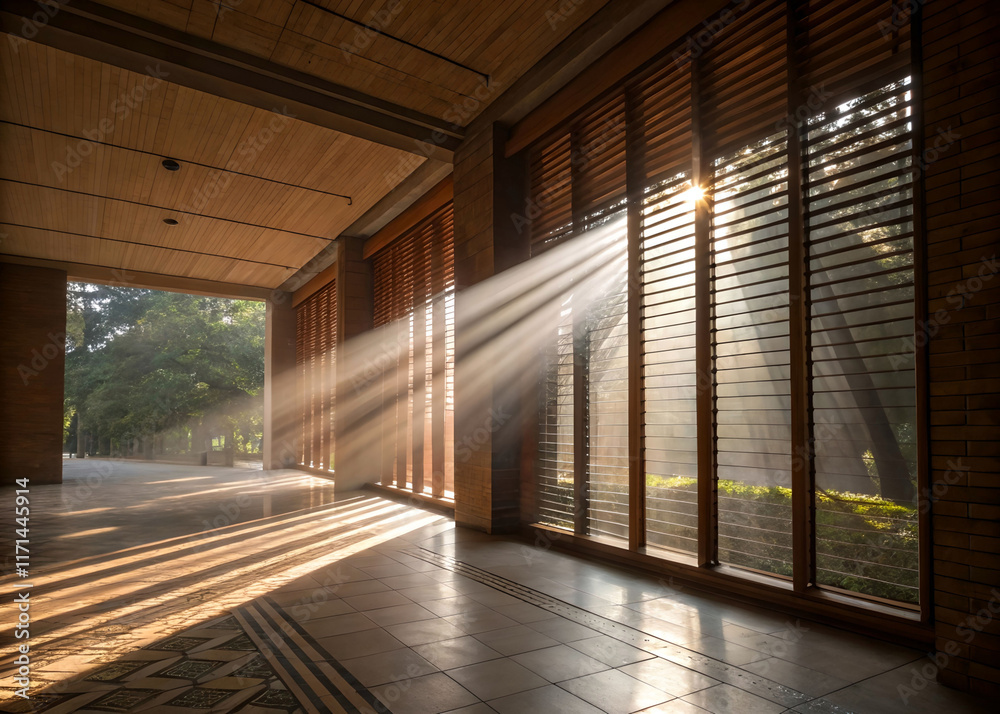 Poster sunlit room with large windows allowing sunlight to stream in, creating a warm and inviting atmosphere. The room features wooden elements and a tiled floor, contributing to a cozy interior design.