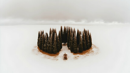 Solitary snowy island with evergreen trees and small shelter.