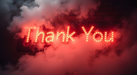 Red bright neon thank you sign illuminated in a cloud of smoke, evoking a sense of gratitude and warmth.