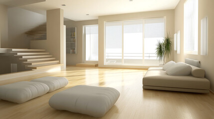 Fototapeta premium Modern minimalist living room with wooden stairs and large windows