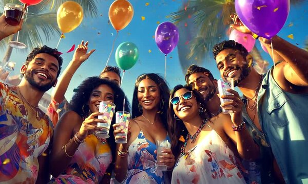 Tropical Beach Party Selfie, Balloons, Celebration