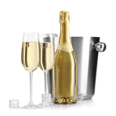 Champagne and bucket with ice isolated on white