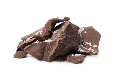 Pieces of chocolate with salt isolated on white
